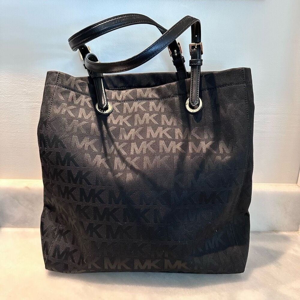 Michael Kors Canvas Logo Tote Bag Adjustable Strap Black Large Excellent Conditi